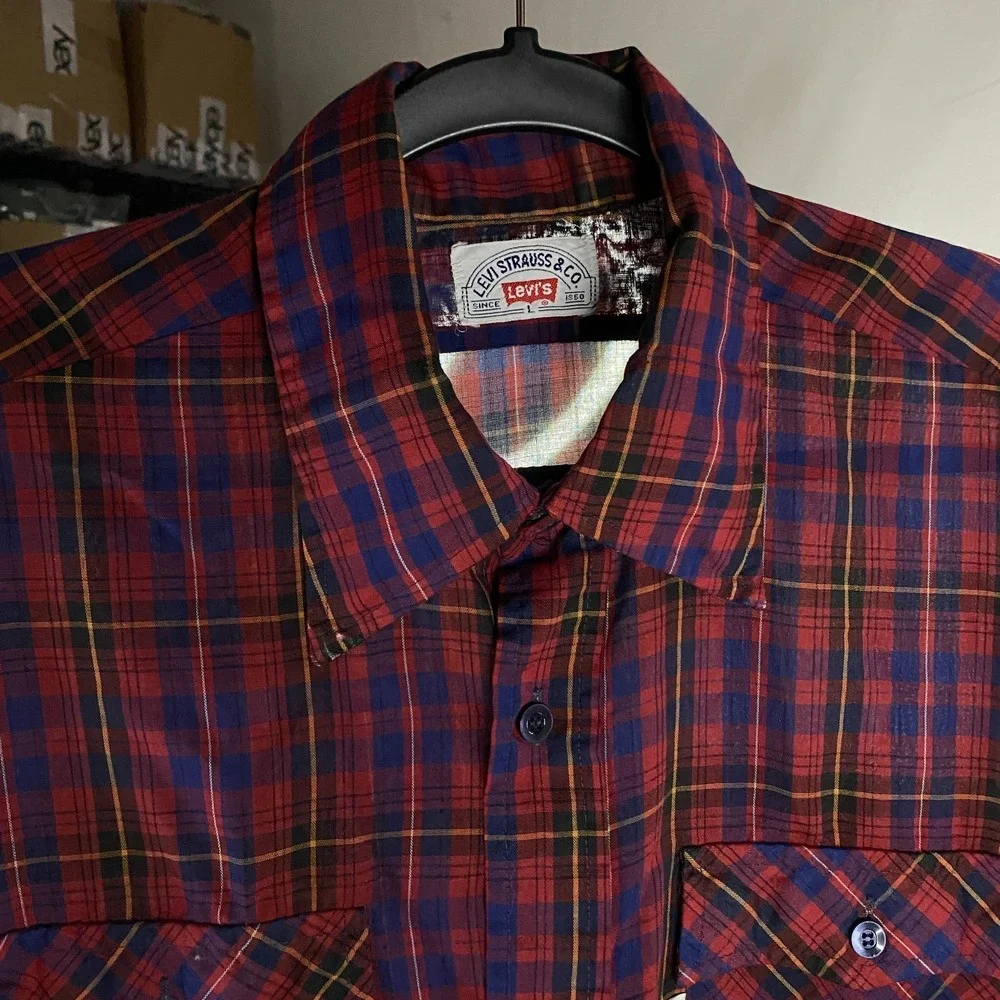 Vintage 70s 80s Levis Shirt Mens Large Red Plaid Western Button Up Flap Pocket